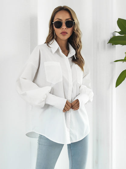 Women's Blouse Women Streetwear Button-down Shirt Irregular Long Sleeve Lapel Blouse With Pockets Autumn Loose Blouse