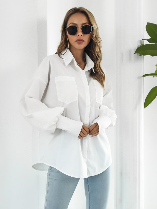 Women's Blouse Women Streetwear Button-down Shirt Irregular Long Sleeve Lapel Blouse With Pockets Autumn Loose Blouse