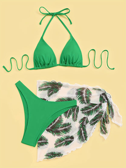 Three-Piece Bikini Set - Flattering Halter Neck Design, Ultra Quick-Drying Technology, Comfortable Four-Way Stretch Fabric - Designed for Women, Vibrant Feather Print Pattern, Matching Cover Up Skirt, Perfect for Beachwear and Poolside Fashion