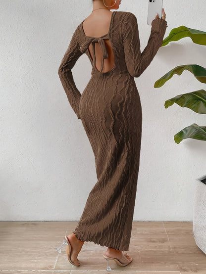 vlovelaw  Backless Textured Tied Fit Dress, Stylish Long Sleeve Crew Neck Ankle Length Dress, Women's Clothing