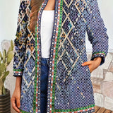 Ethnic Print Open Front Jacket, Vintage Long Sleeve Crew Neck Outerwear, Women's Clothing