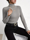 vlovelaw  Solid Turtle Neck Slim Pullover Sweater, Casual Long Sleeve Fake Button Sweater For Fall & Winter, Women's Clothing