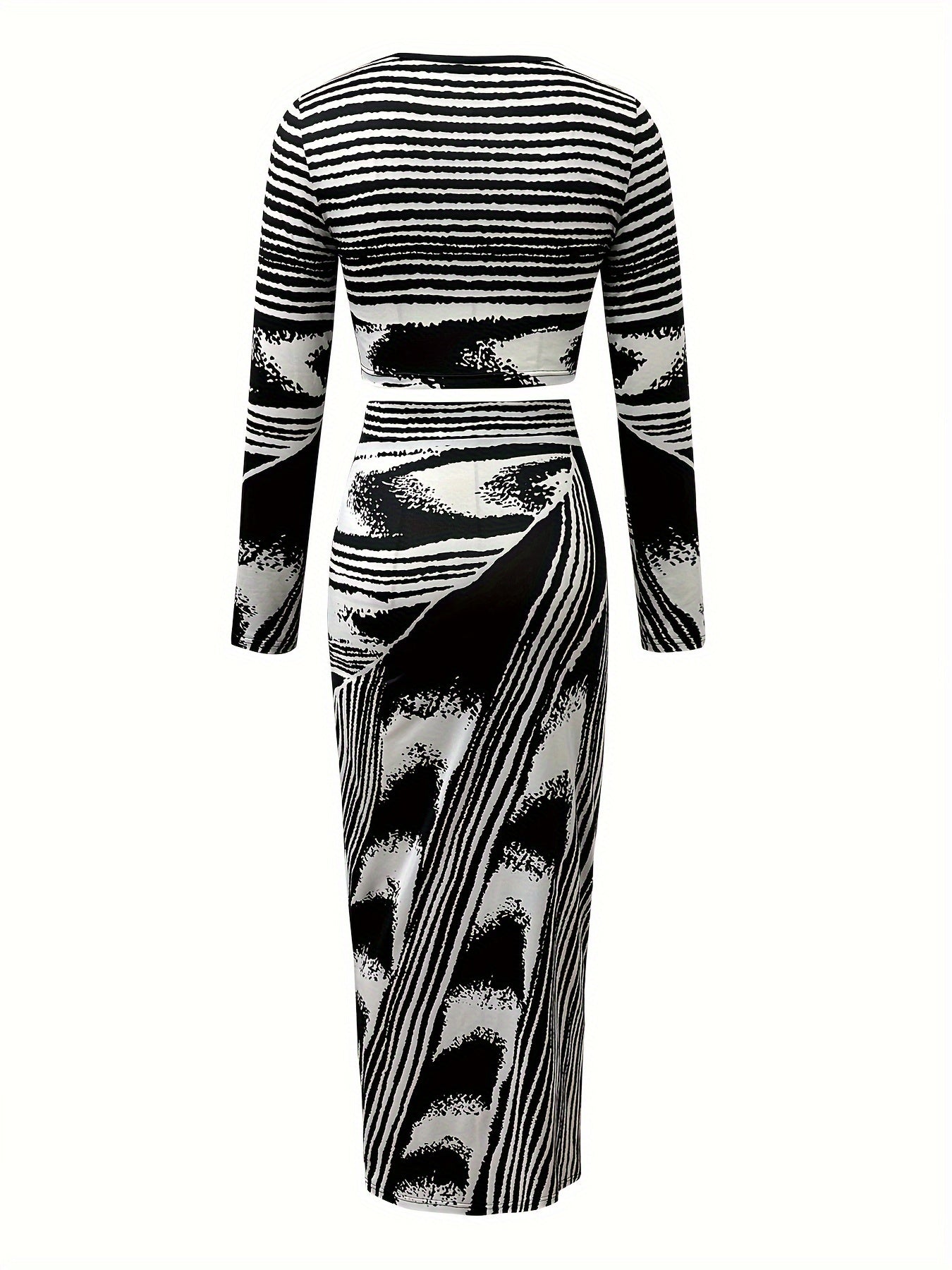 vlovelaw  Color Block Two-piece Set, Long Sleeve Crew Neck Crop Top & Ankle Length Slim Skirt Outfits, Women's Clothing