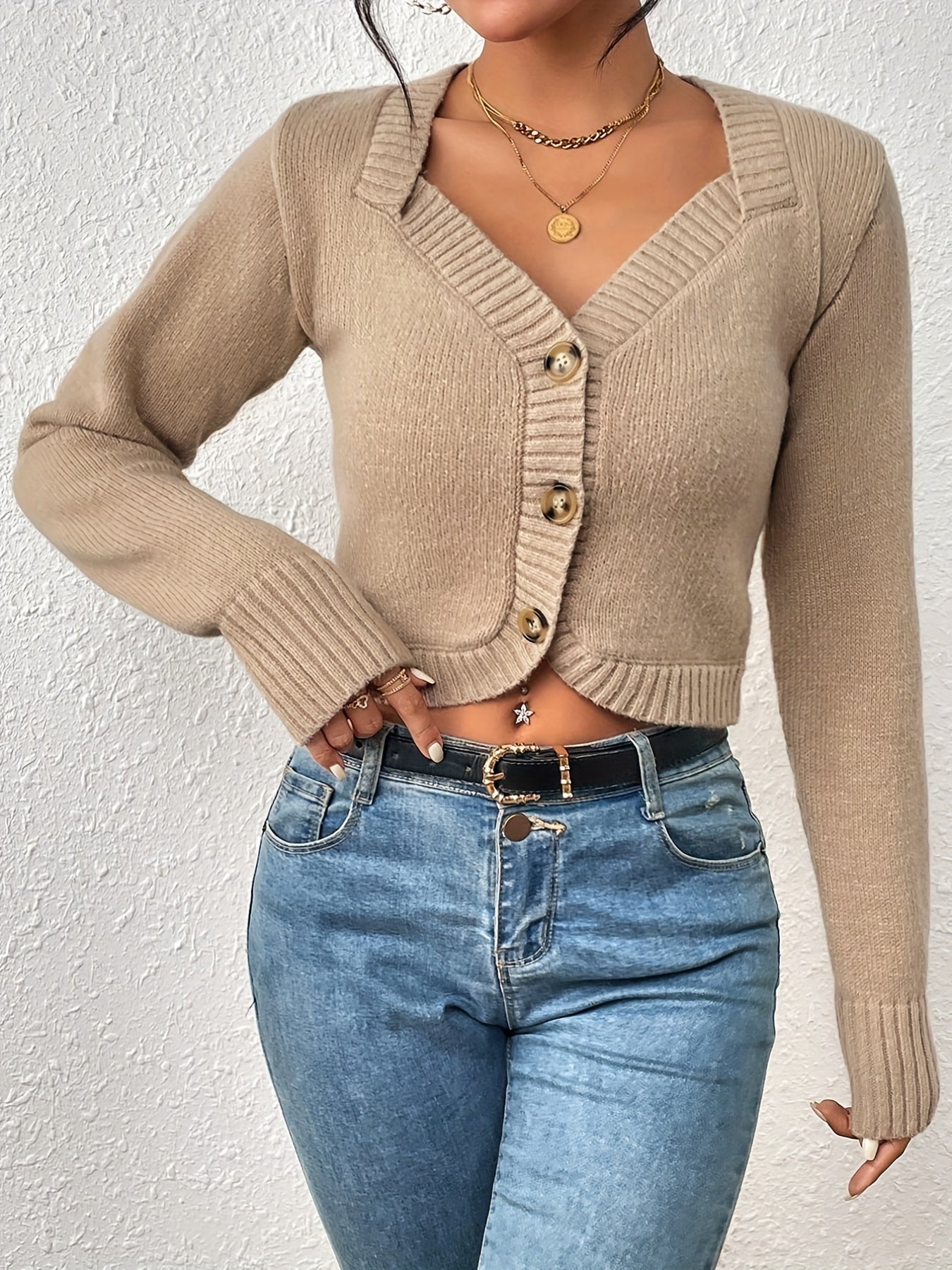 vlovelaw  Solid Button Front Knit Cardigan, Casual Long Sleeve Crop Sweater, Women's Clothing