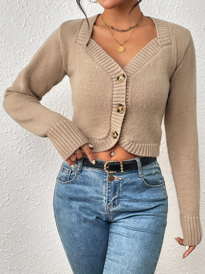 vlovelaw  Solid Button Front Knit Cardigan, Casual Long Sleeve Crop Sweater, Women's Clothing