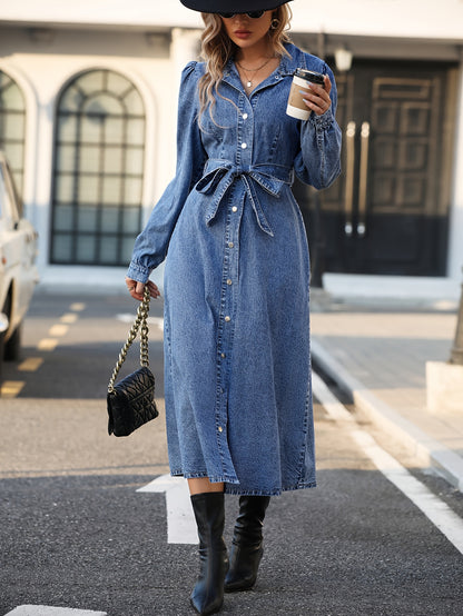 Blue Long Sleeves Denim Dress, Single Breasted Button With Waistband Lapel Denim Dress, Women's Denim Clothing