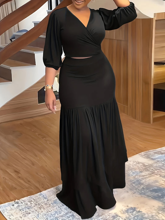 vlovelaw  Plus Size Sexy Outfits Set, Women's Plus Solid Lantern Sleeve Surplice Neck Crop Top & Maxi Skirt Outfits Two Piece Set