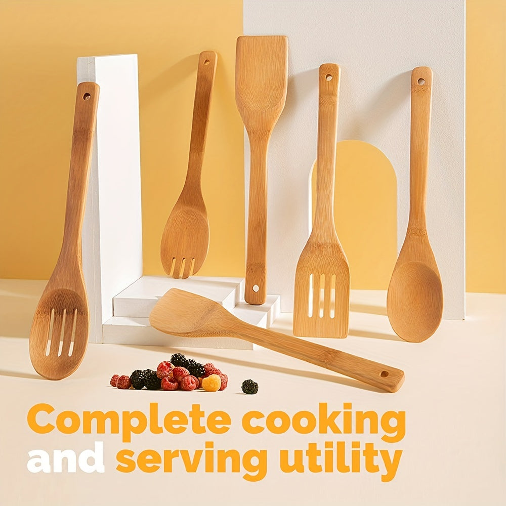 6pcs Bamboo Cooking Utensils Set - Includes Spoonula, Slotted Spoon, Shovel, And Spatula - Perfect For Nonstick Pans And Woks