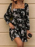 Floral Print Drawstring Square Neck Dress, Casual Long Sleeve Dress For Spring & Summer, Women's Clothing