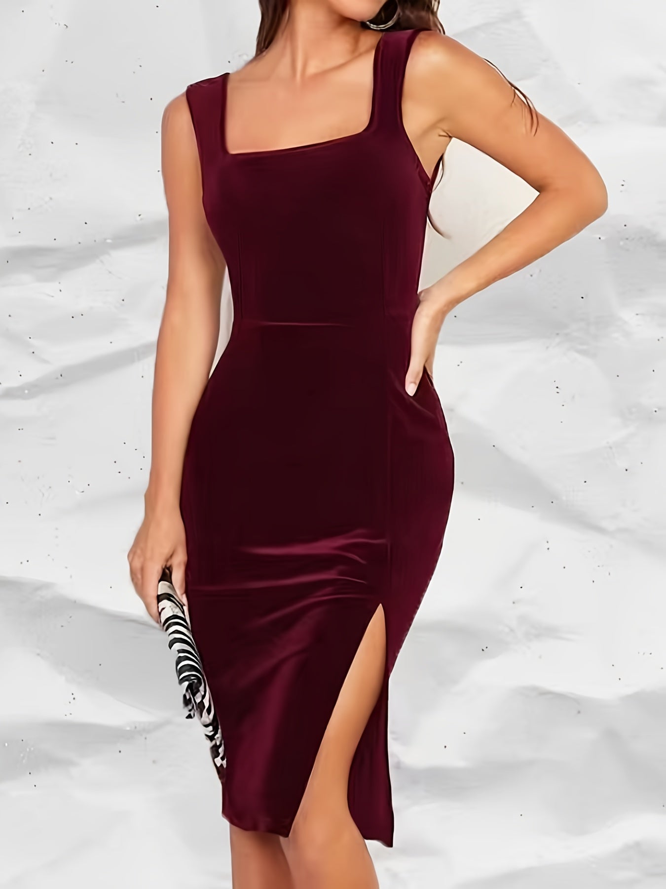 Solid Split Hem Bodycon Velvet Dress, Sleeveless Square Neck Elegant Dress, Women's Clothing