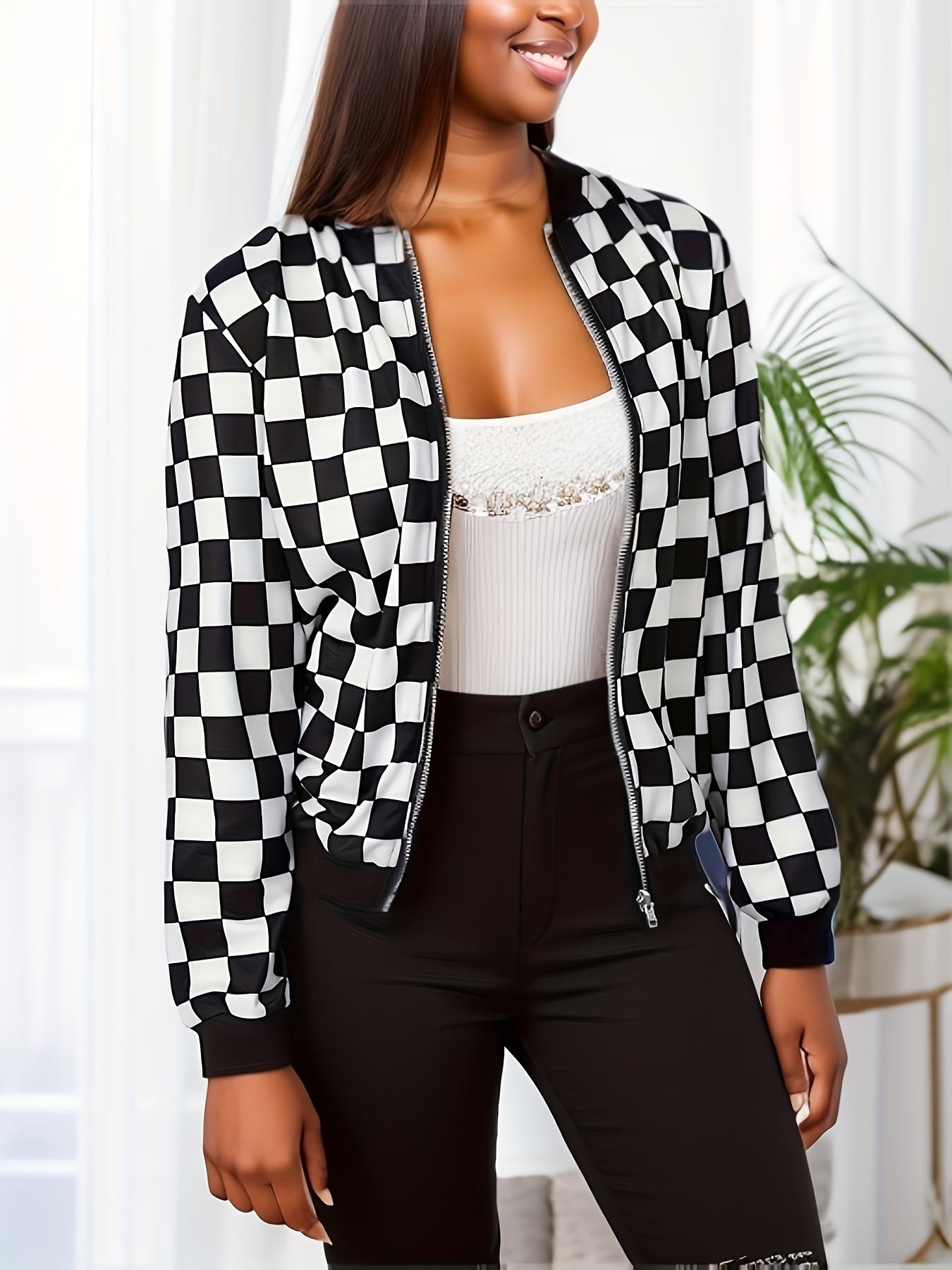 Checkerboard Print Bomber Jacket, Casual Zip Up Long Sleeve Outerwear, Women's Clothing