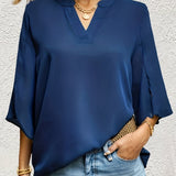 vlovelaw  Solid Simple Blouse, Casual V Neck Split Sleeve Blouse For Spring & Fall, Women's Clothing