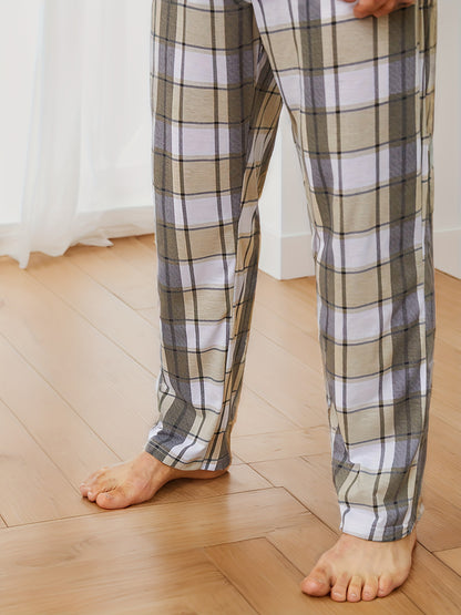 2 Pcs Men's Simple Plaid Pocket Round Neck Long Sleeve & Plaid Trousers Pajama Set, Comfortable & Skin-friendly Style Pajamas For Men's Cozy Loungewear