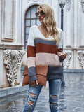 vlovelaw  Color Block V Neck Pullover Sweater, Elegant Long Sleeve Drop Shoulder Sweater, Women's Clothing