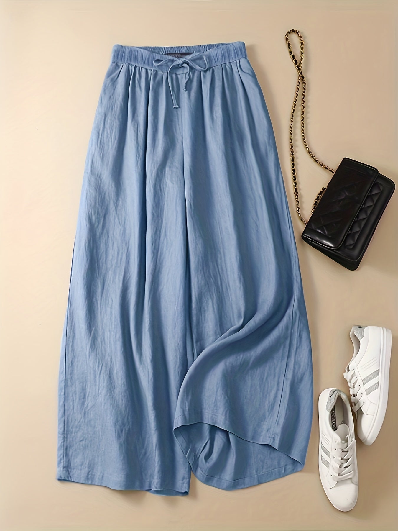 vlovelaw Plus Size Casual Pants, Women's Plus Solid High Waist Drawstring Wide Leg Loose Pants