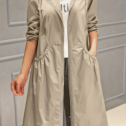vlovelaw  Plus Size Casual Trench Coat, Women's Plus Solid Long Sleeve Hooded Drawstring Zipper Longline Trench Coat With Pockets