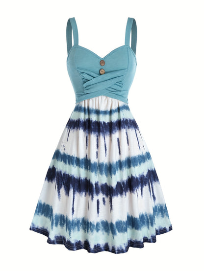 vlovelaw  Tie Dye Print Fake Button Dress, Casual Sleeveless Backless For Summer, Women's Clothing