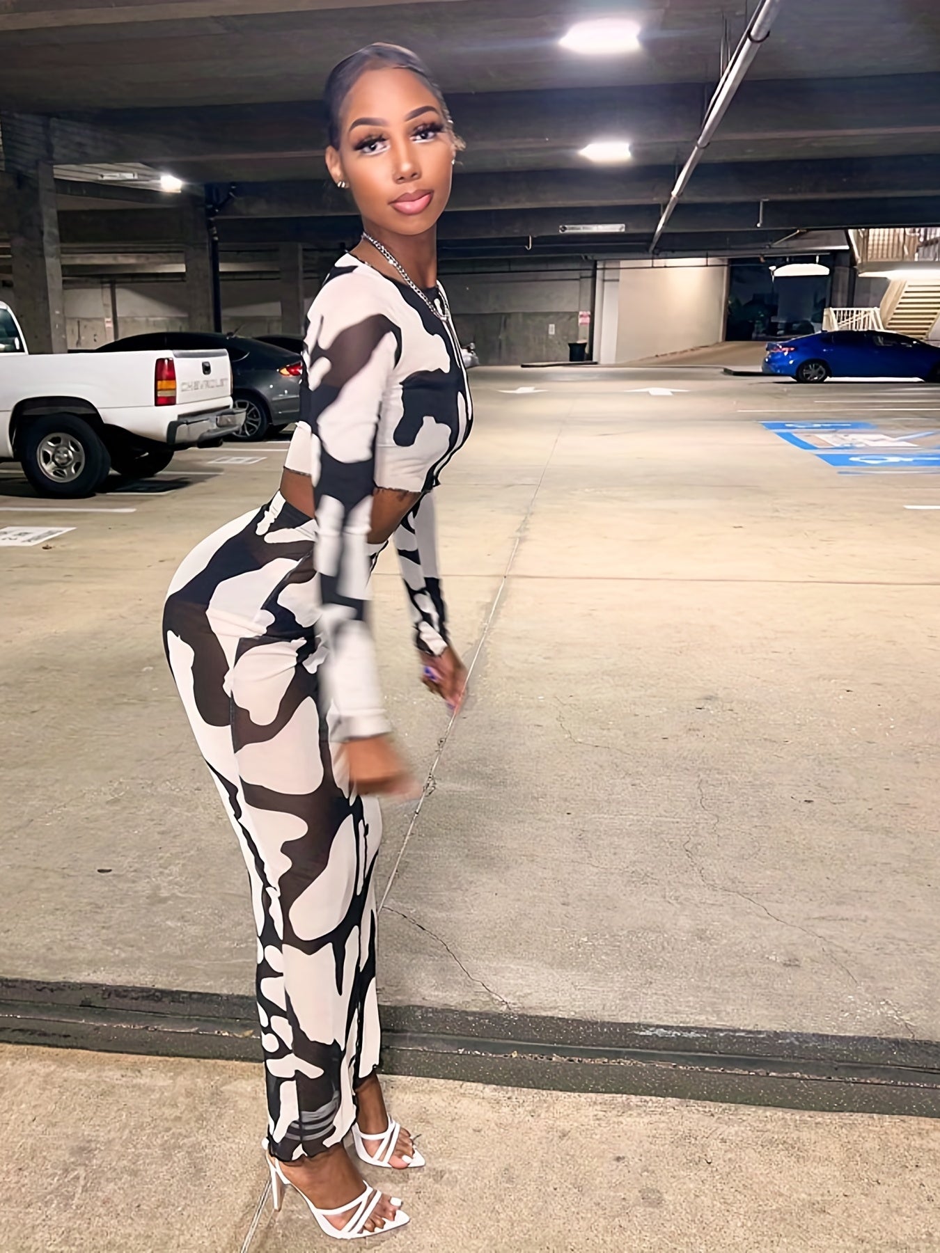 vlovelaw  Allover Print Sheer Two-piece Set, Cropped Long Sleeve Tops & Bag Hip Maxi Skirts Outfits, Women's Clothing