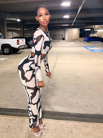 vlovelaw  Allover Print Sheer Two-piece Set, Cropped Long Sleeve Tops & Bag Hip Maxi Skirts Outfits, Women's Clothing