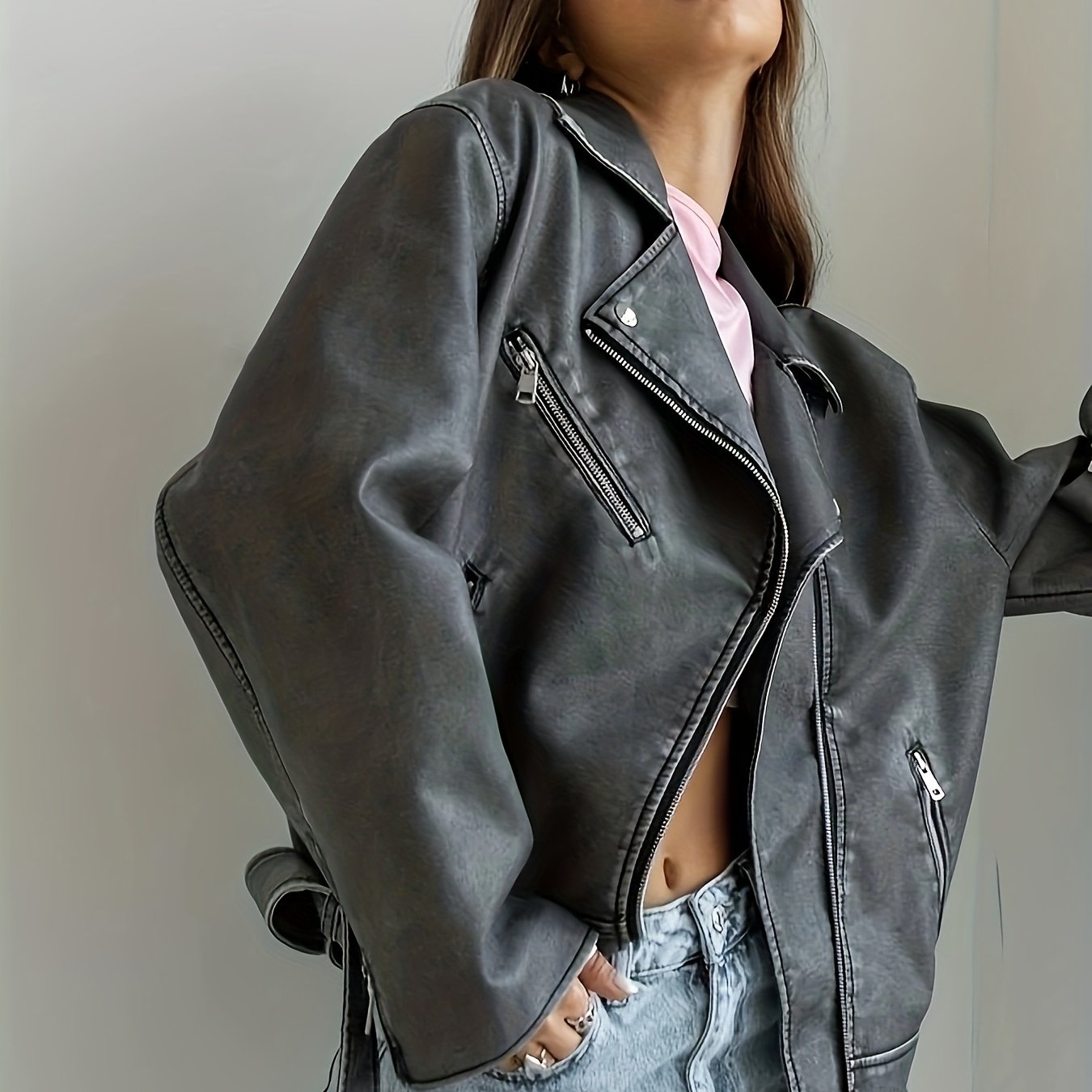 vlovelaw  Vintage Lapel Belted Biker Jacket, Long Sleeve Slant Zipper Pockets Loose Jacket, Women's Clothing