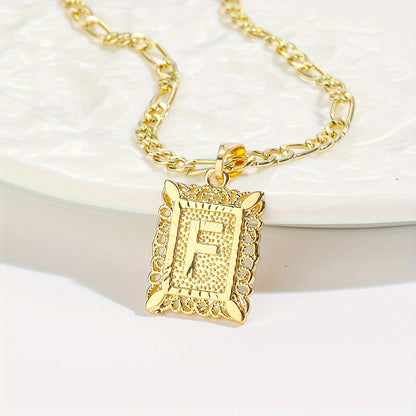 18K Gold Plated Square Monogram Pendant Necklace - Fashionable Personalized Alphabet Letter A-Z Figaro Chain Necklace for Men and Women - Copper Material, No Magnetic, No Mosaic, Plating-Free, Stylish Jewelry for Any Occasion