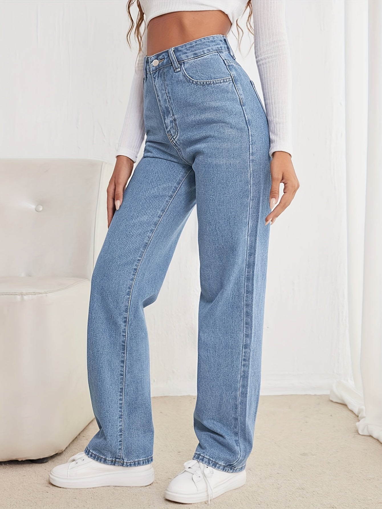 vlovelaw  High Waist Casual Straight Jeans, Loose Fit Slant Pockets Tight Jeans, Women's Denim Jeans & Clothing
