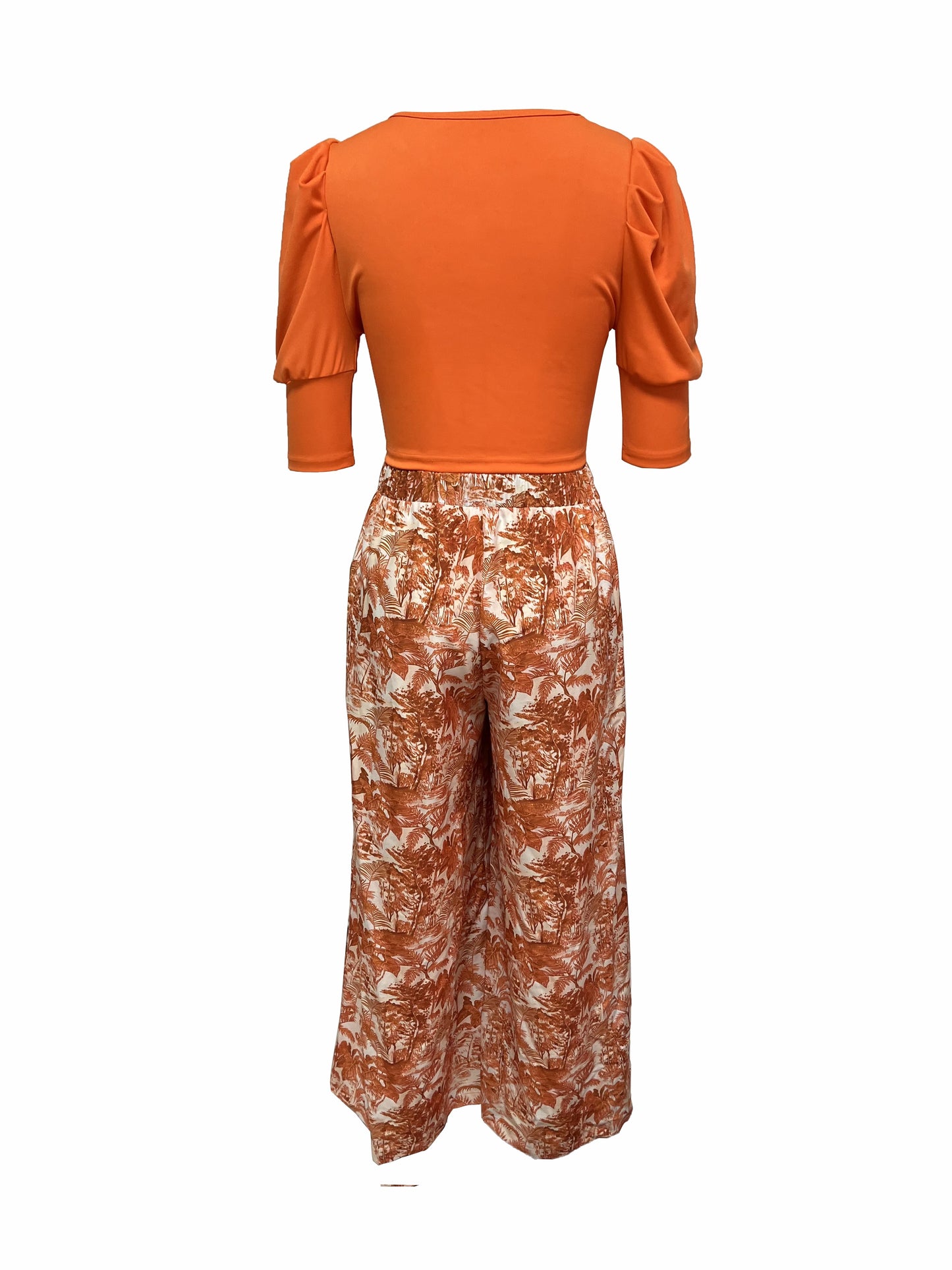 vlovelaw  Casual Spring & Fall Two-piece Set, Solid Puff Sleeve Tops & Floral Print Palazzo Pants Outfits, Women's Clothing