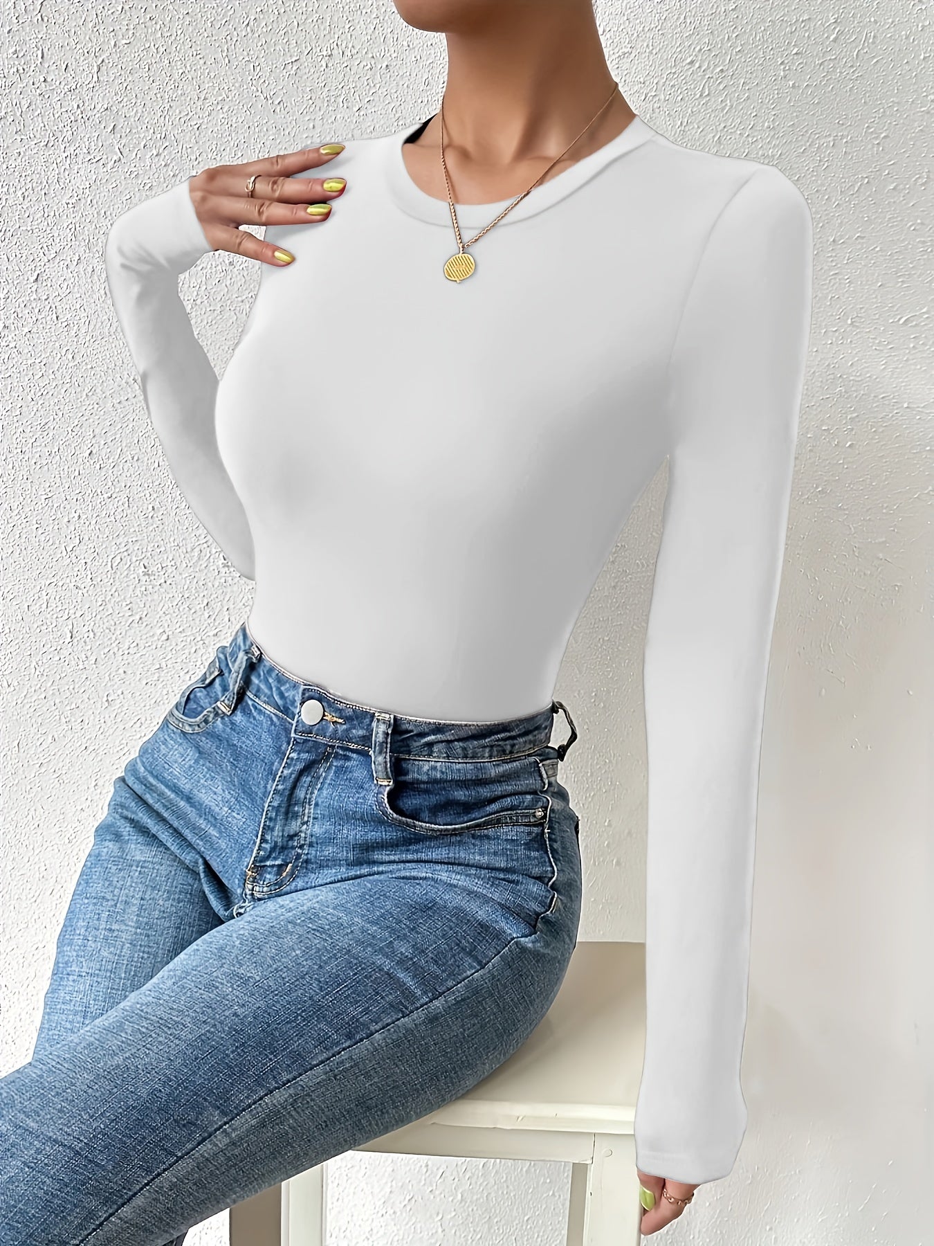vlovelaw  Basic Skinny Stretchy Top, Long Sleeve Crew Neck Solid T-Shirts, Casual Every Day Tops, Women's Clothing
