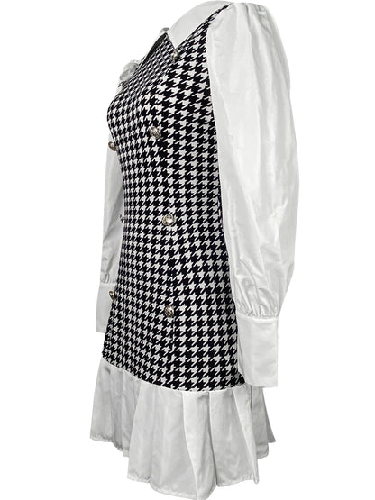 Houndstooth Print 2 In 1 Blouse With Dress, Elegant Long Sleeve Dress For Spring & Fall, Women's Clothing