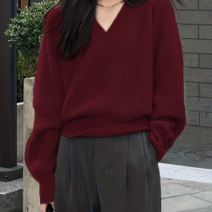 vlovelaw  Solid Knit Pullover Sweater, Casual V Neck Long Sleeve Sweater, Women's Clothing