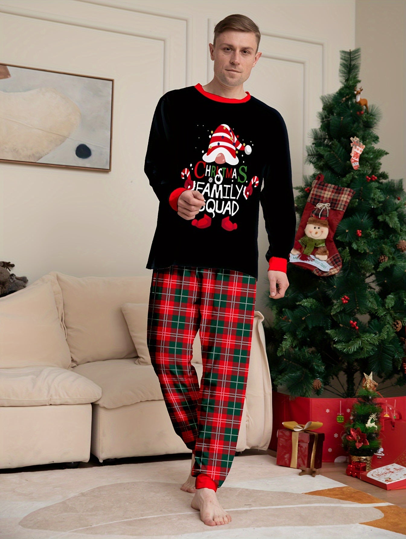 Mens Cozy Christmas Pajama Set - MERRY CHRISTMAS Crew Neck Top with Antler Graphic & Plaid Lounge Pants - Stylish Casual Holiday Wear