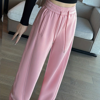 Pocket Solid Straight Leg Pants, Casual Drawstring Elastic Waist Pants, Women's Clothing
