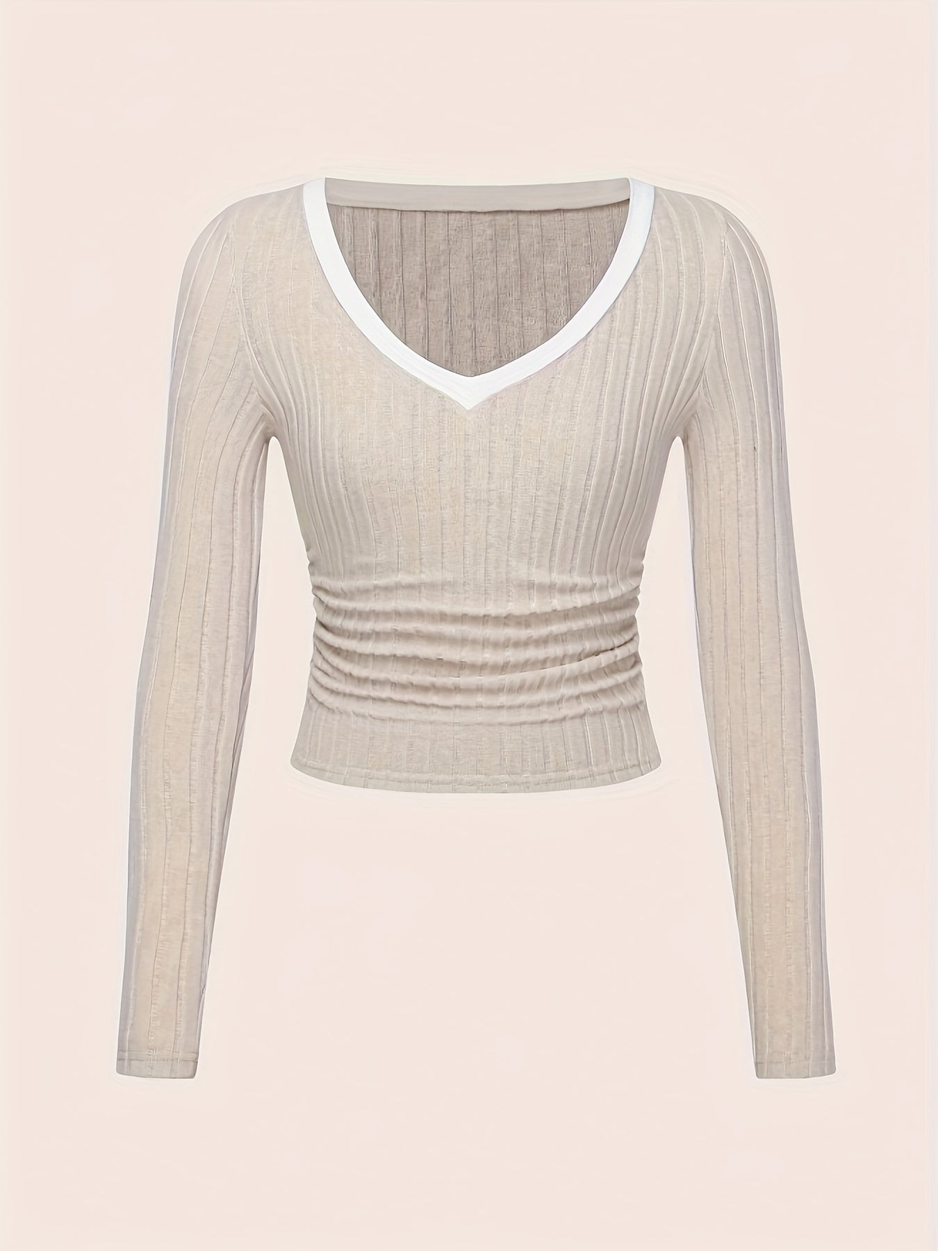 2 Pcs Ribbed V Neck Slim Crop Top - Casual Contrast Trim Long Sleeve T-Shirt for Women, Perfect for Spring and Fall, Comfortable and Stylish Clothing