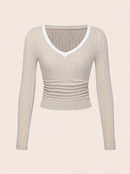 2 Pcs Ribbed V Neck Slim Crop Top - Casual Contrast Trim Long Sleeve T-Shirt for Women, Perfect for Spring and Fall, Comfortable and Stylish Clothing