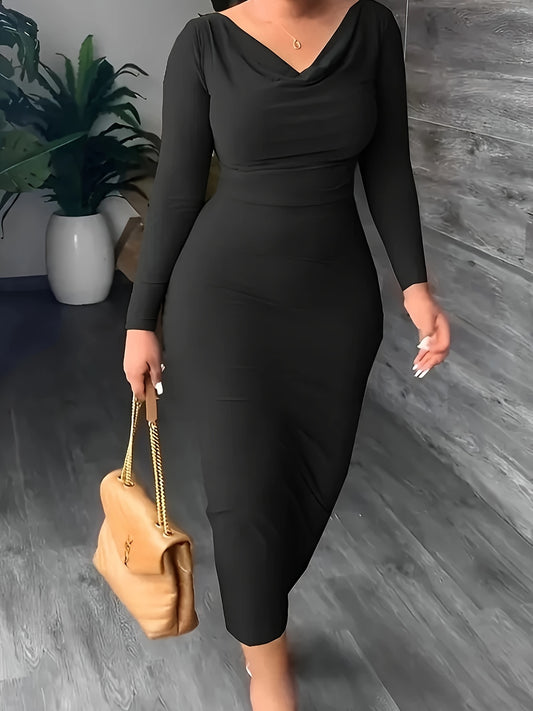 vlovelaw Plus Size Solid Bodycon Dress, Casual Cowl Neck Long Sleeve Dress, Women's Plus Size Clothing