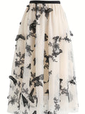 vlovelaw  Butterfly Embroidered Midi Dress, Elastic Waist Vacation Casual Dress For Spring & Fall, Women's Clothing
