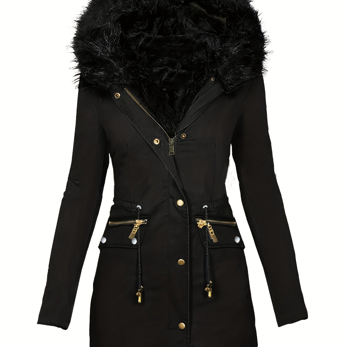 vlovelaw Faux Fur Hood Drawstring Parka Coat, Zip Up Button Front Pocket Thermal Overcoat, Women's Clothing