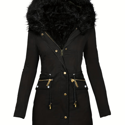 vlovelaw Faux Fur Hood Drawstring Parka Coat, Zip Up Button Front Pocket Thermal Overcoat, Women's Clothing
