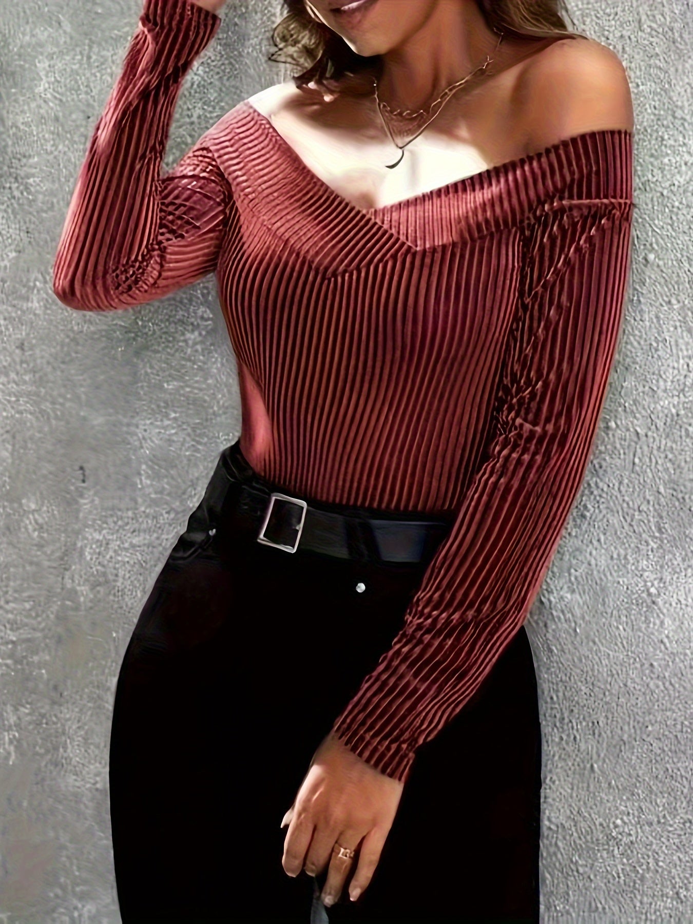 vlovelaw  Off-shoulder Ribbed Top, Casual Long Sleeve Slim T-Shirt, Women's Clothing