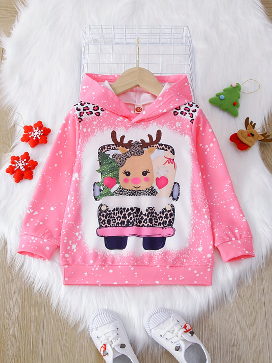 Girls Christmas Deer Print Hoodie Sweatshirt, Kids Long Sleeve Daily Casual Tops For Fall/ Spring, Gift Idea