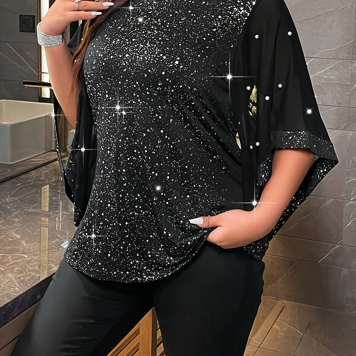 vlovelaw  Plus Size Irregular Sleeve Top, Casual Crew Neck Top For Spring & Summer, Women's Plus Size Clothing