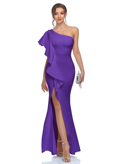 vlovelaw  Slant Shoulder Ruffle Trim Dress, Elegant Bodycon Asymmetrical Hem Dress For Party & Banquet, Women's Clothing
