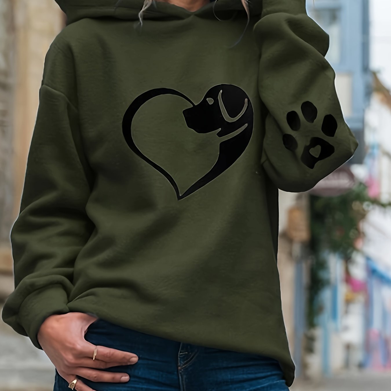 vlovelaw  Dog & Heart & Paw Print Hoodie, Casual Long Sleeve Hoodie Sweatshirt, Women's Clothing