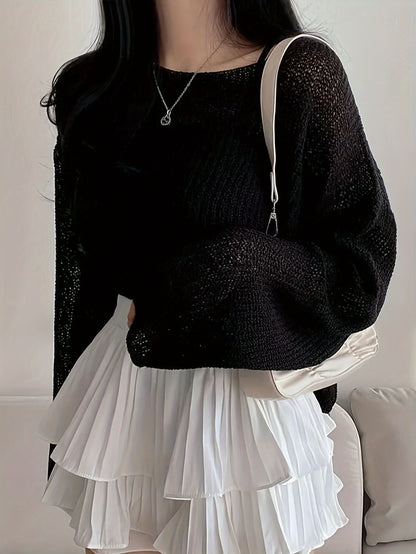 vlovelaw  Solid Boat Neck Pullover Sweater, Casual Long Sleeve Thin Knit Sweater, Women's Clothing