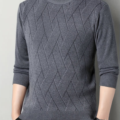 vlovelaw  Men's Stylish Geometric Pattern Knitted Pullover, Casual Breathable Long Sleeve Crew Neck Top For City Walk Street Hanging Outdoor Activities