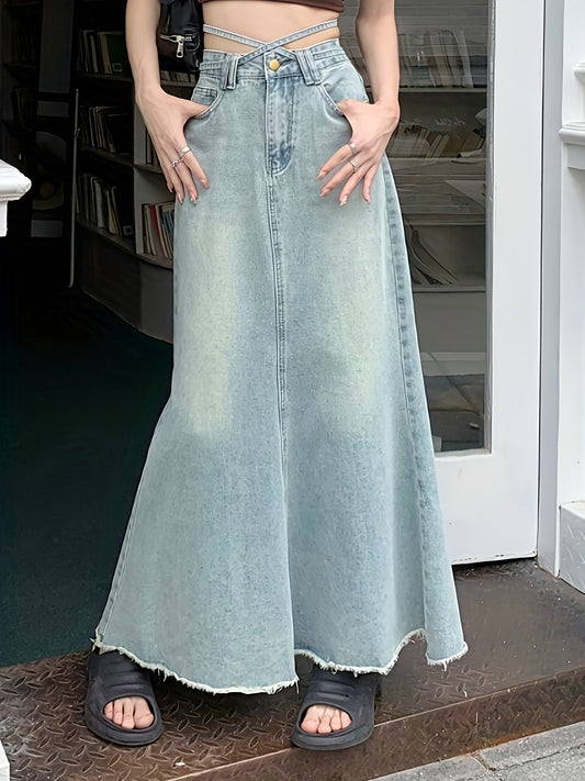 vlovelaw  Cross Strap High Waist Denim Midi Skirt, Raw Trim Loose A-line Fashion Elegant Denim Skirt, Women's Denim Clothing