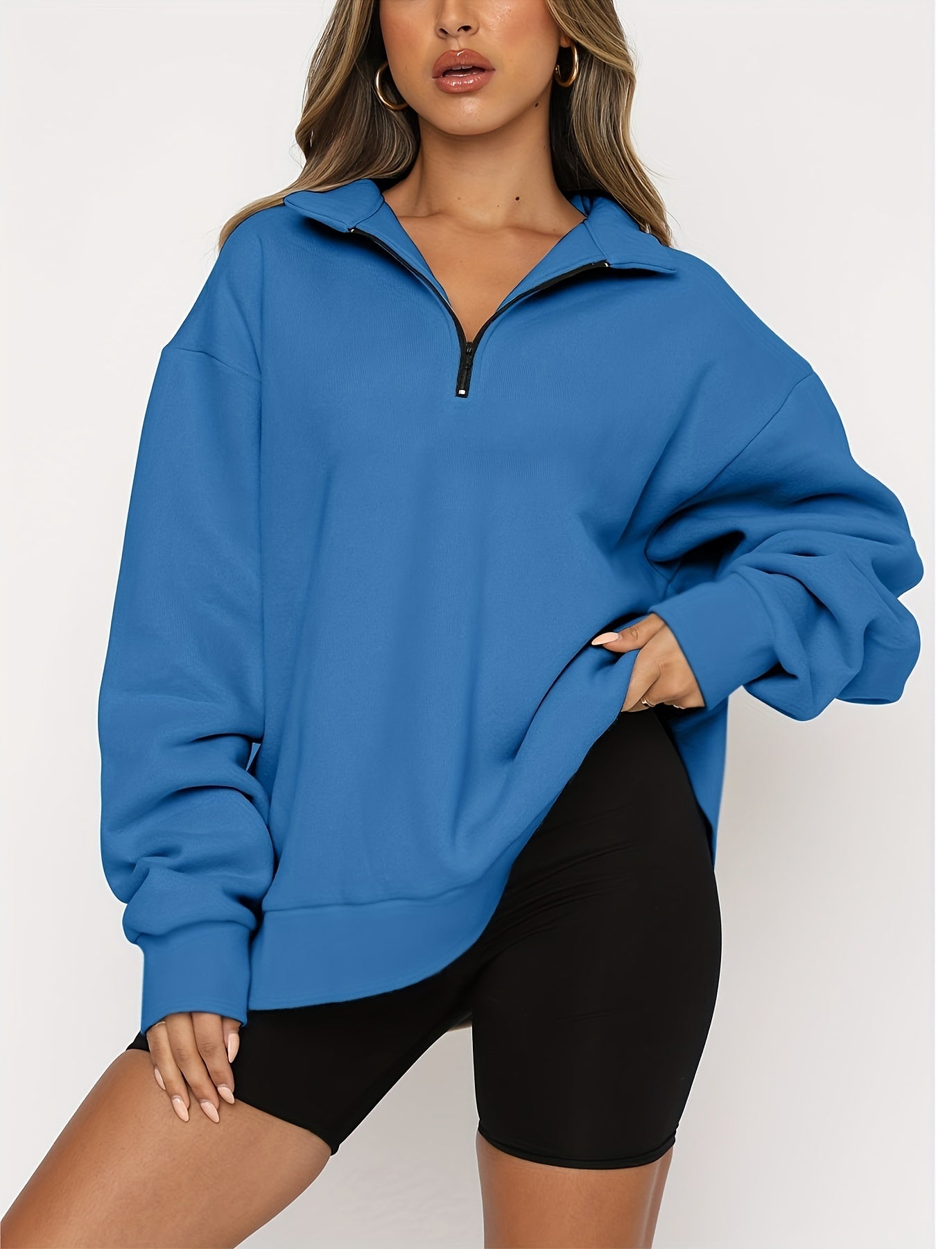 vlovelaw  Plus Size Casual Sweatshirt, Women's Plus Plain Long Sleeve Zipper High Neck Sweatshirt