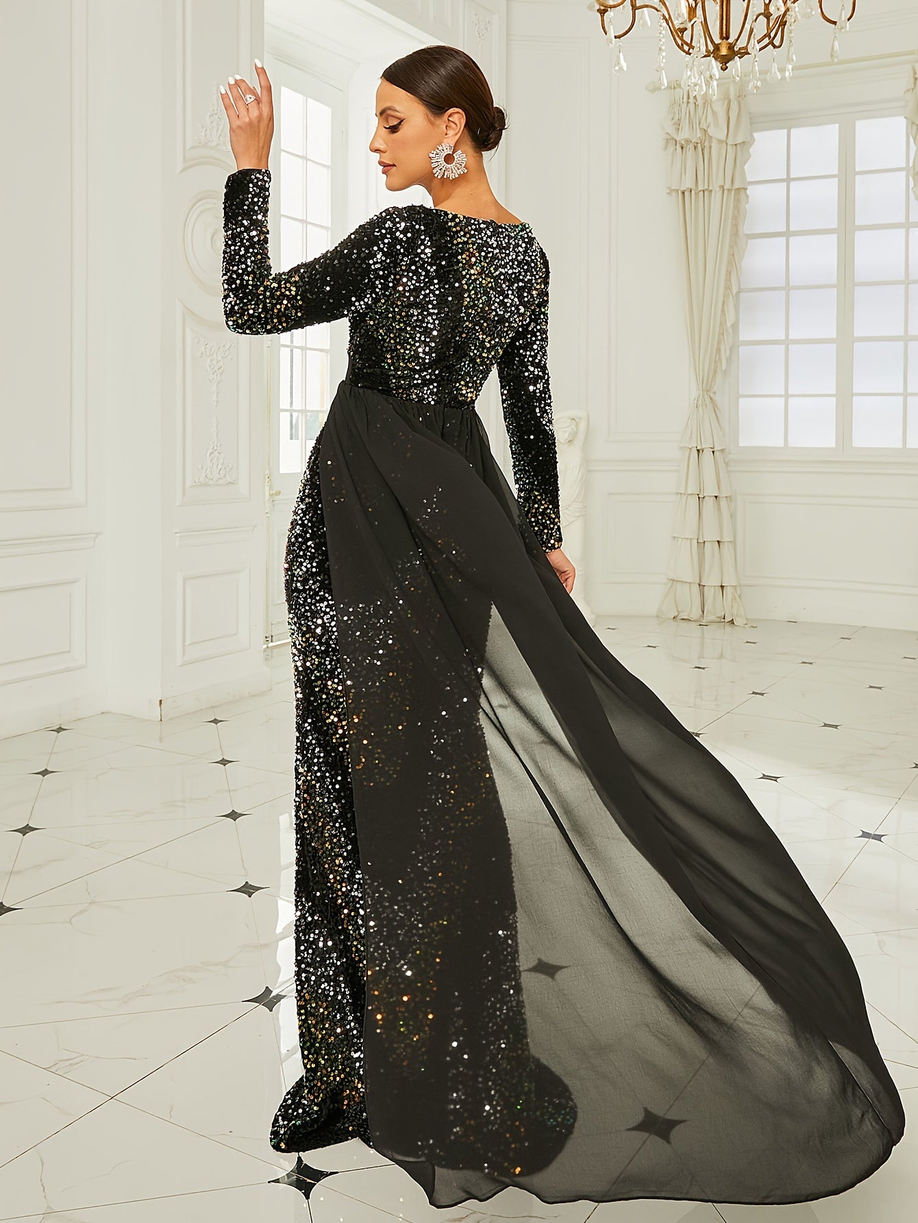 vlovelaw  Sequined V Neck Bridesmaid Dress, Elegant Long Sleeve Floor Length Dress For Wedding Party, Women's Clothing