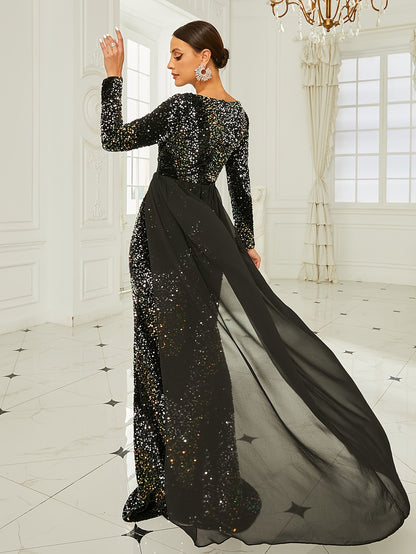 vlovelaw  Sequined V Neck Bridesmaid Dress, Elegant Long Sleeve Floor Length Dress For Wedding Party, Women's Clothing