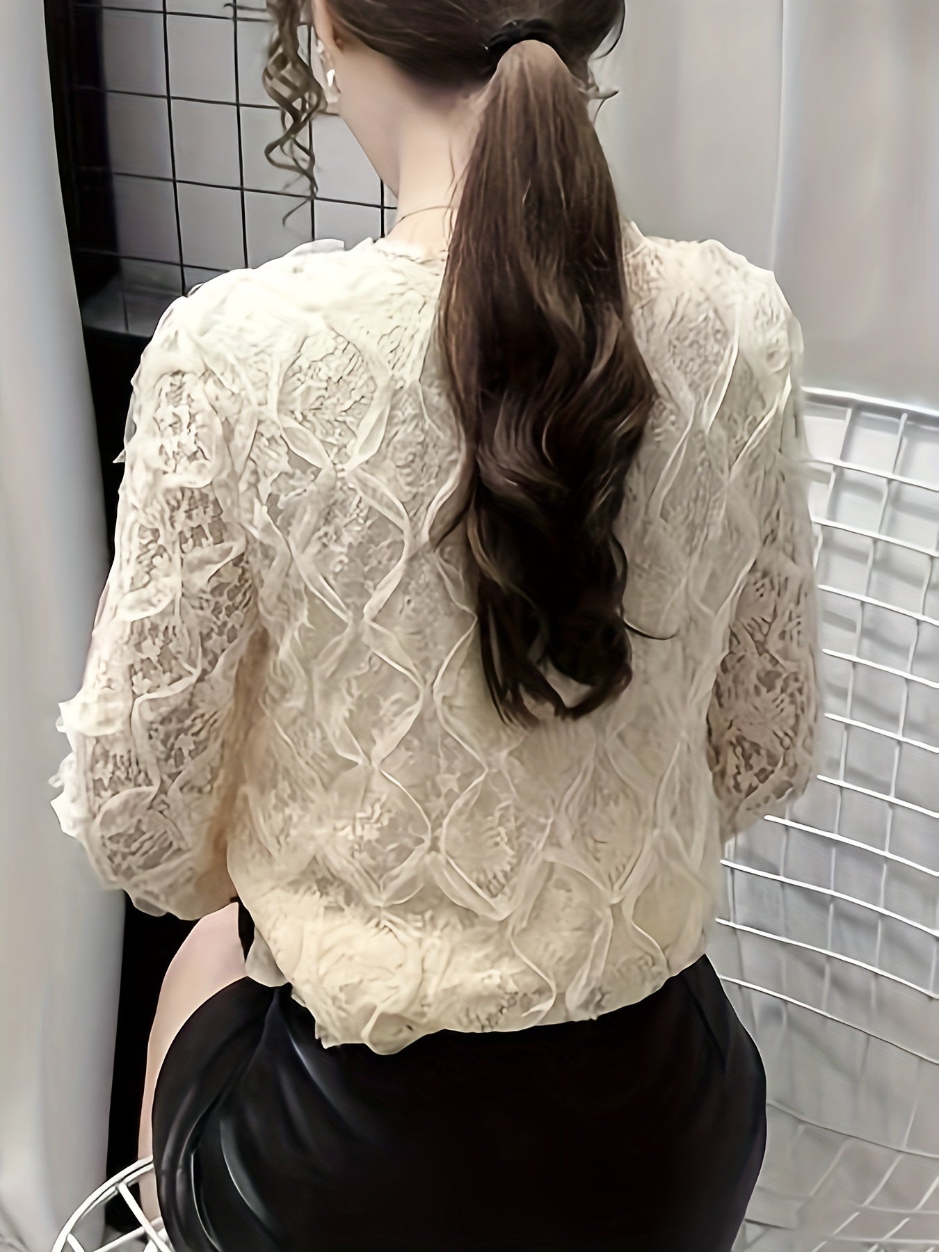 vlovelaw  Lace V Neck Button Front Blouse, Elegant Long Sleeve Blouse For Spring & Fall, Women's Clothing
